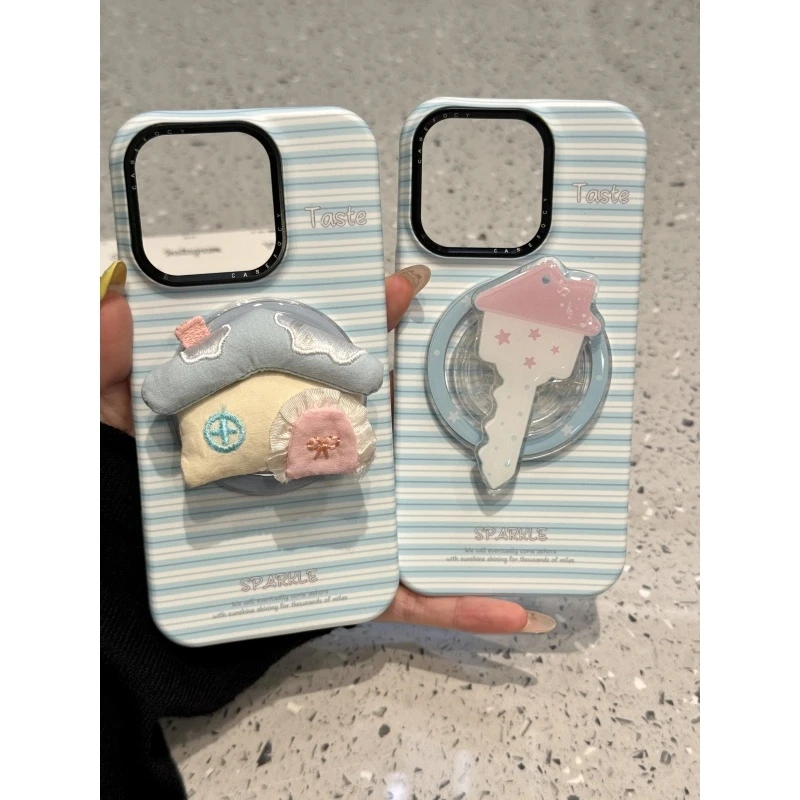 创意蓝白条纹钥匙房屋适用iphone16promax手机壳苹果15pro磁吸14