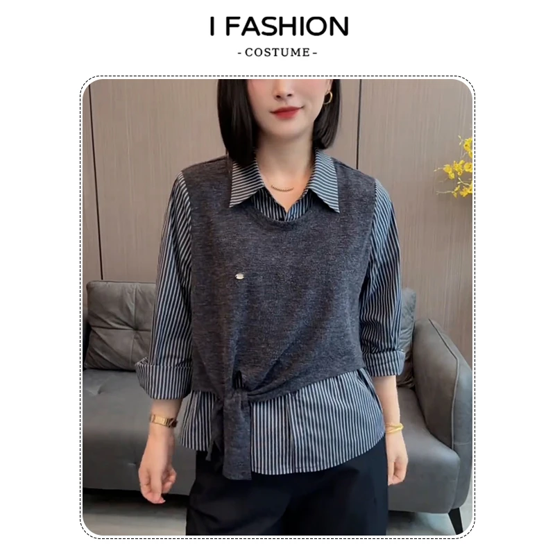 时尚潮流假两件长袖衬衫女2025年春秋新款设计感小众洋气百搭上衣