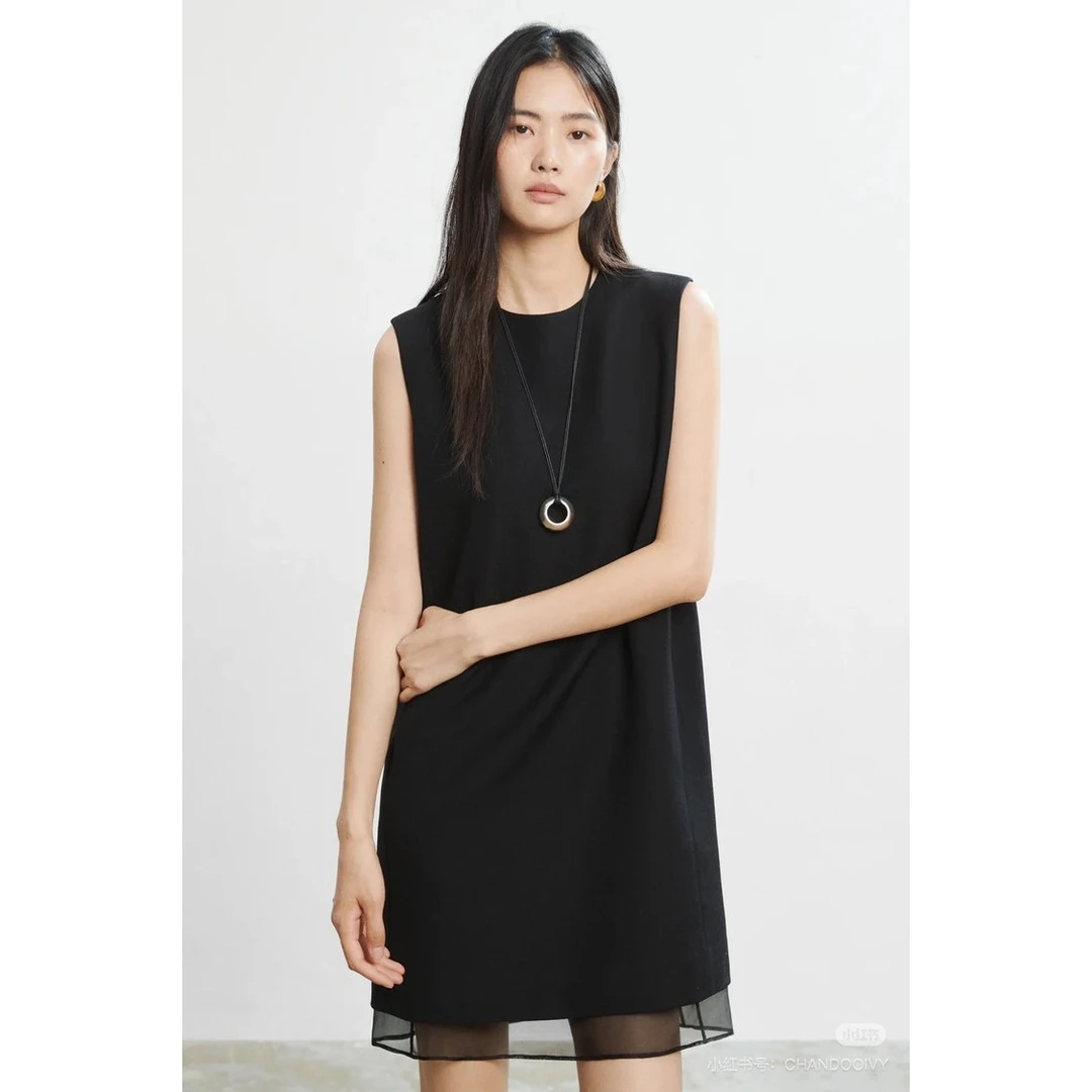 杰瑞【午后庄园】新款通勤极简风无袖简约连衣裙2025夏季黑色裙子女