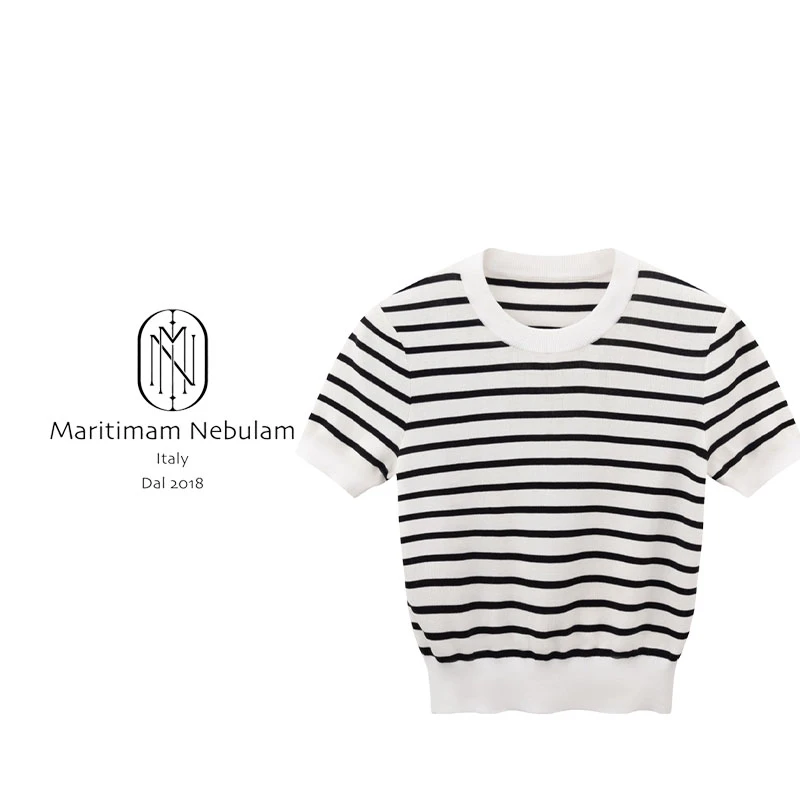 MN春夏条纹短袖毛针织衫复古设计感上衣 SZ996