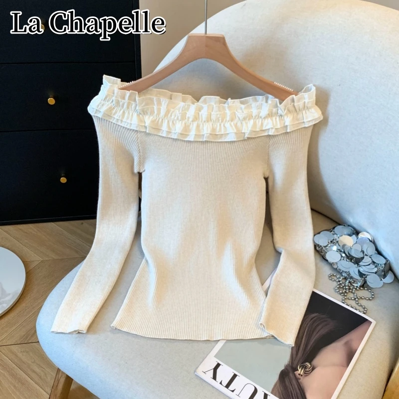 拉夏贝尔秋季新款韩版荷叶边露肩针织衫女时尚百搭显瘦一字肩毛衣