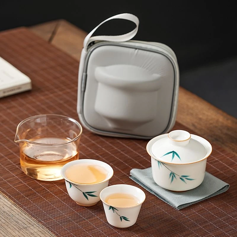 129手绘户外便携旅行茶具草木灰陶瓷露营旅游随身白瓷盖碗