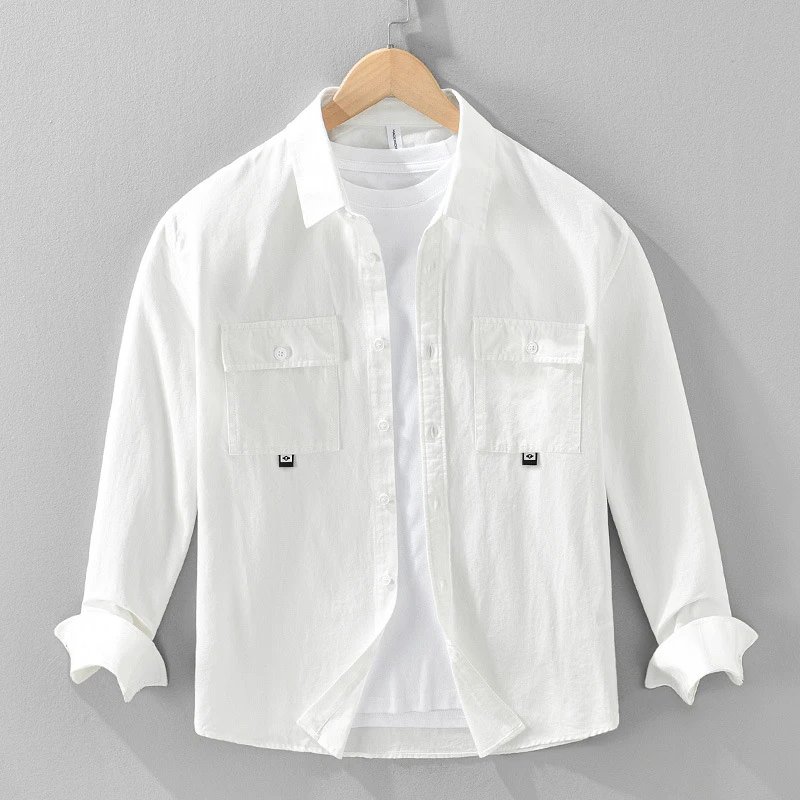 日系工装个性纯色棉料长袖衬衫男士休闲青年翻领男装上衣春季
