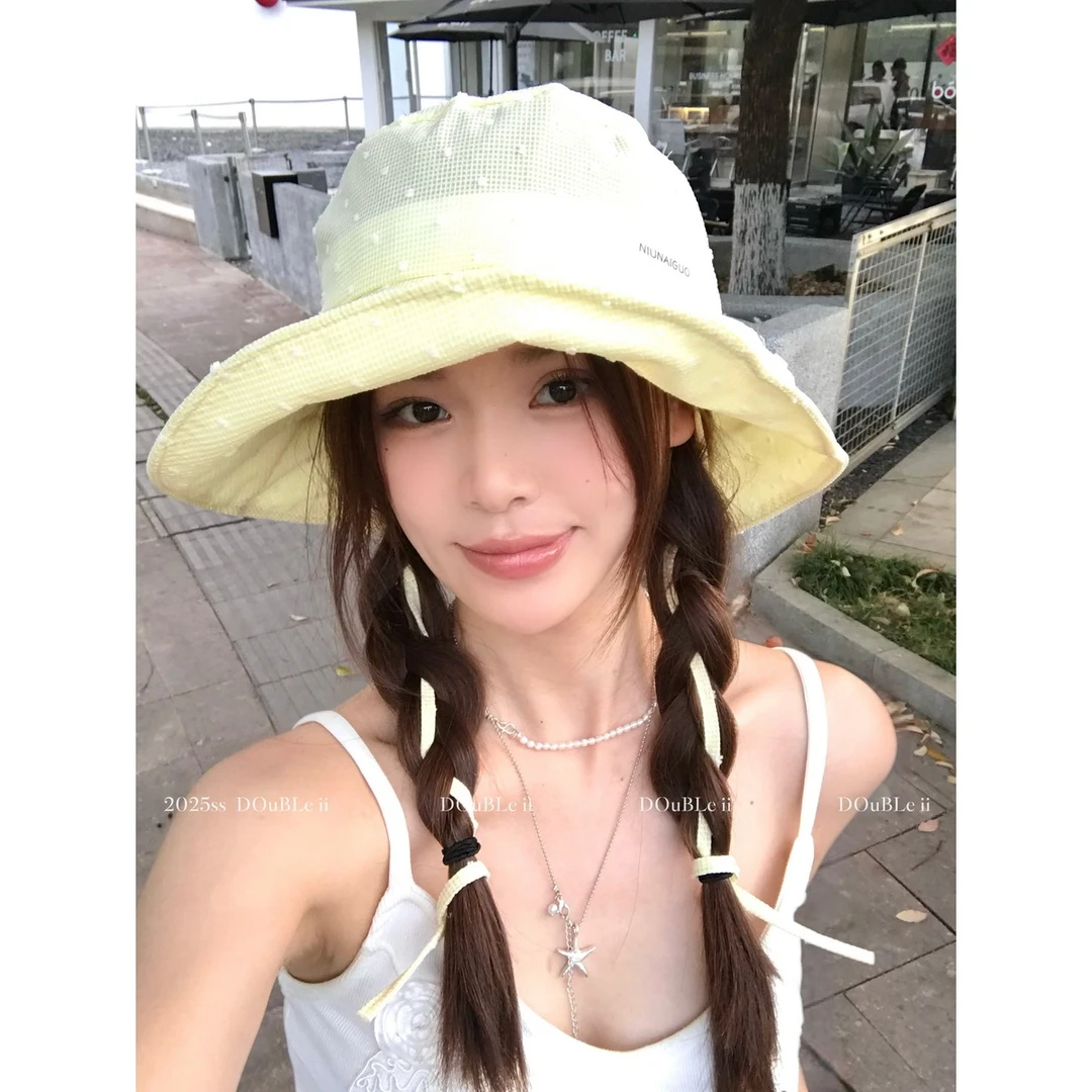 double i i 韩版小清新波点渔夫帽子女夏出游大檐遮阳防晒盆帽