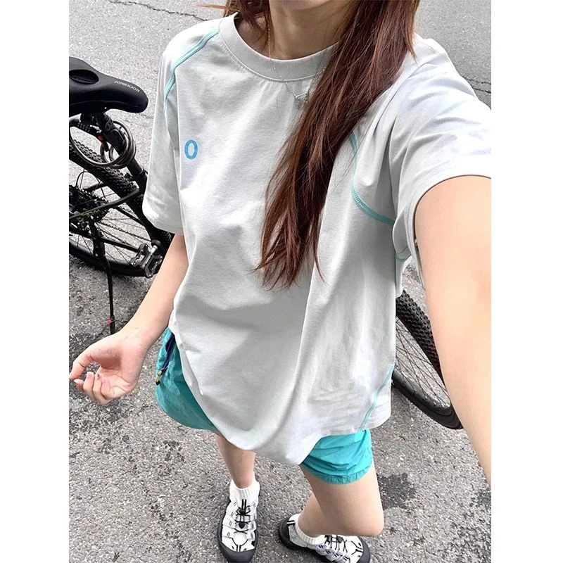 撞色圆领短袖男女同款夏季户外拼接字母印花山系机能风骑行运动