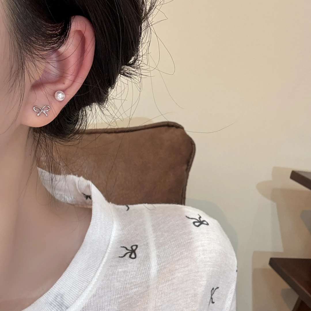 F248蝴蝶结珠珠耳钉四件套高级百搭小众温柔气质个性