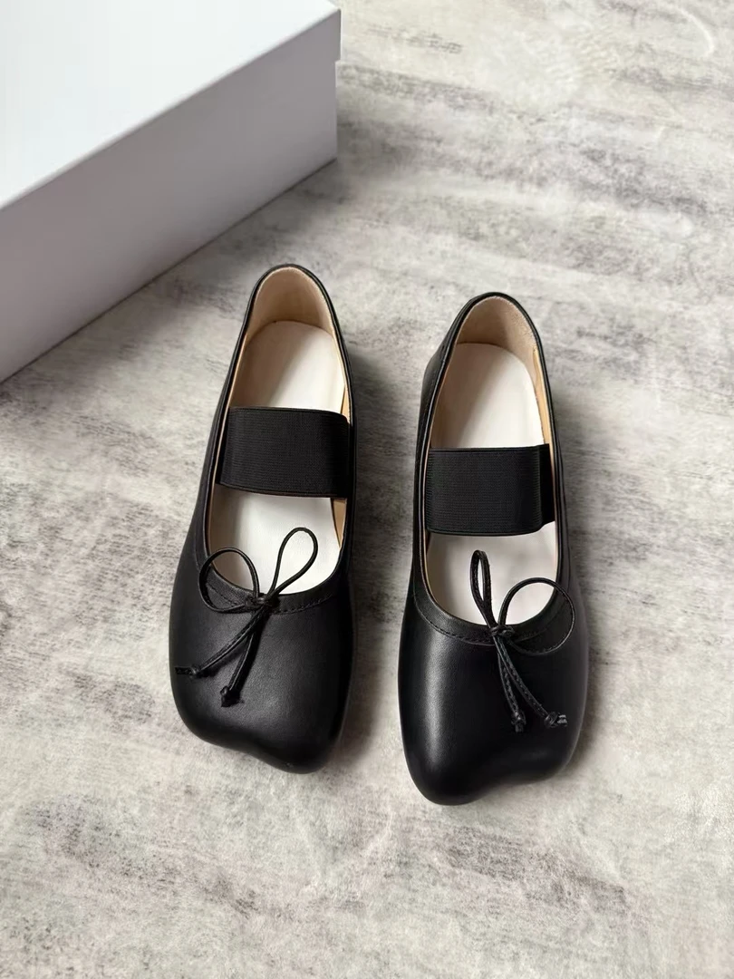 蝴蝶结弹力带苹果头浅口玛丽珍绑带芭蕾鞋mm6