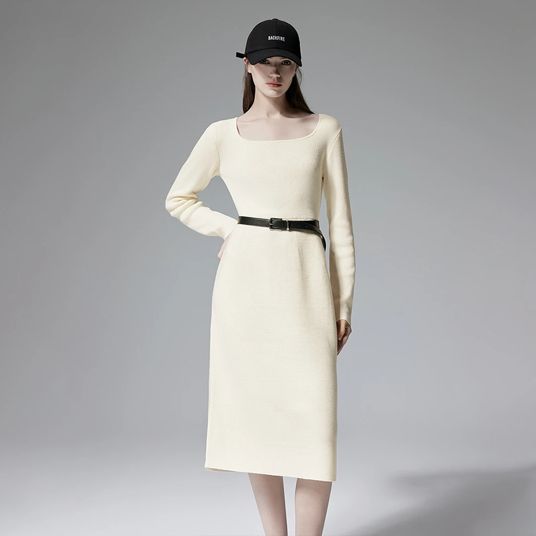 6218[赵老板专属]欧时力方领针织连衣裙收腰复古气质高级感
