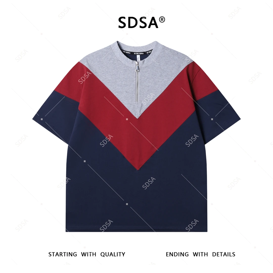 夏季高级感新款男士简约撞色半拉链短袖T恤商务百搭圆领宽松上衣