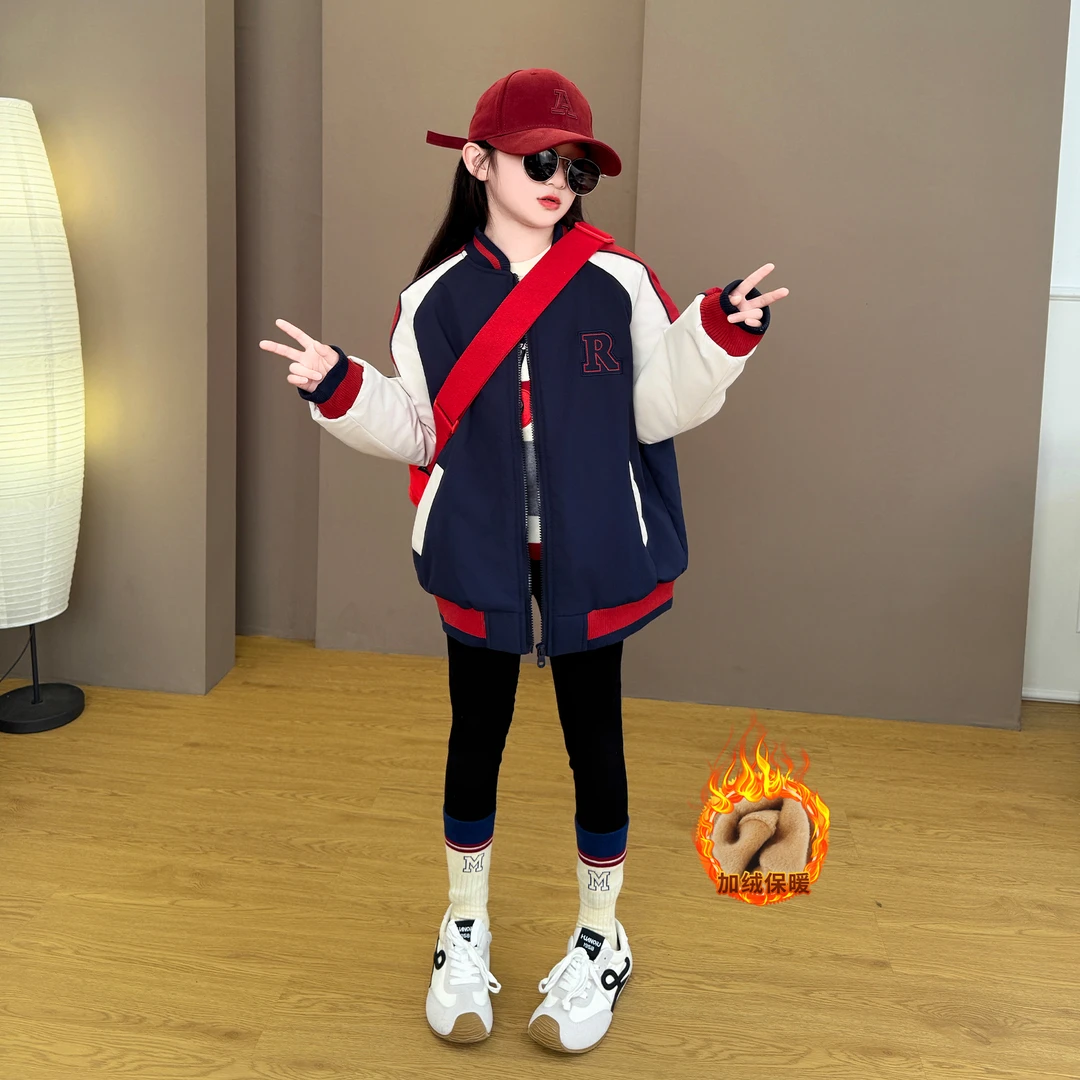 女童2025新款秋冬季时尚宽松韩版绗棉棉衣外套棒球服铅笔裤套装潮