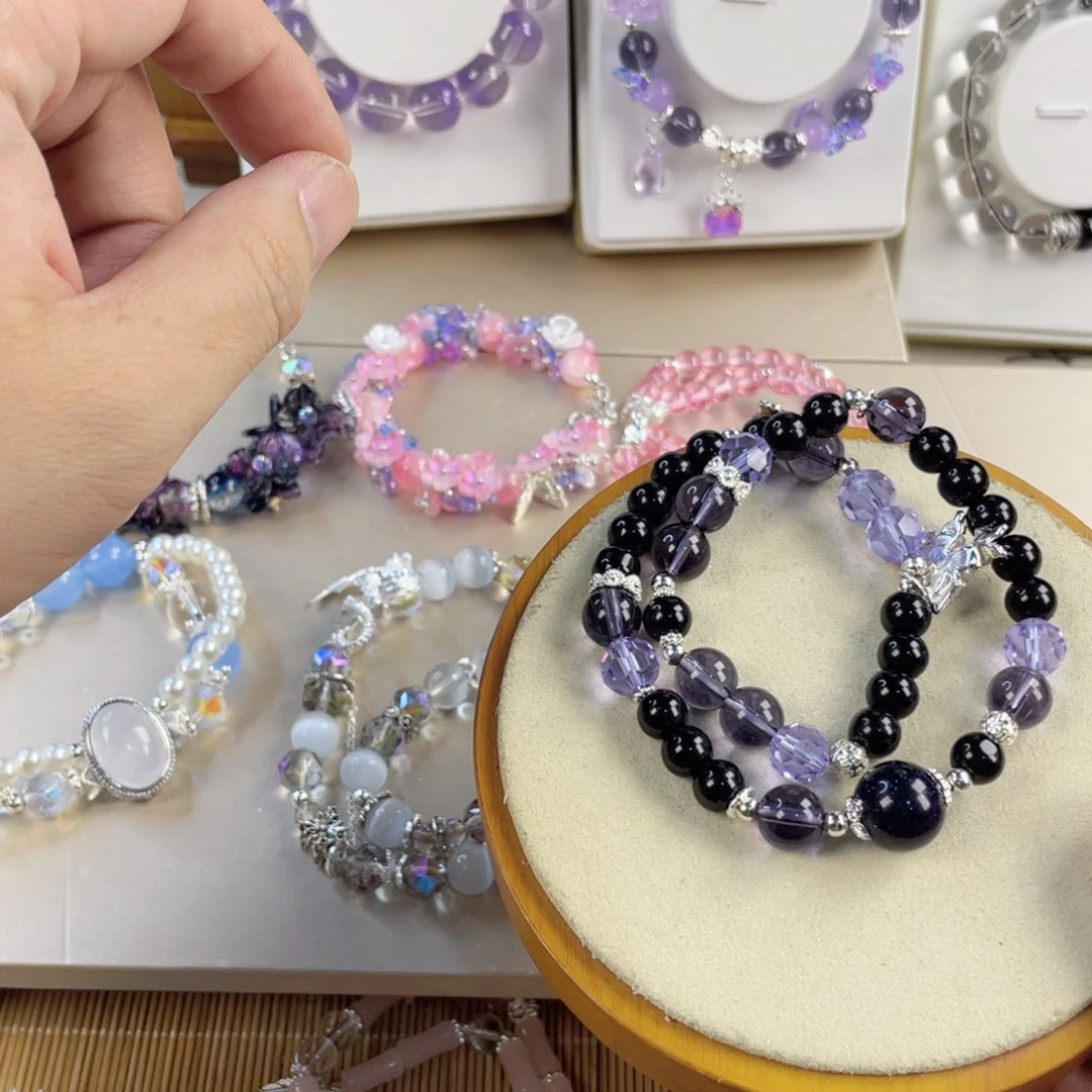 水晶手串银S800镀金镶嵌