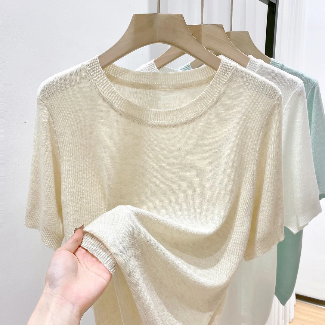 冰丝冰丝曲珠圆领短袖中袖薄款打底修身春夏新款短款针织衫上衣