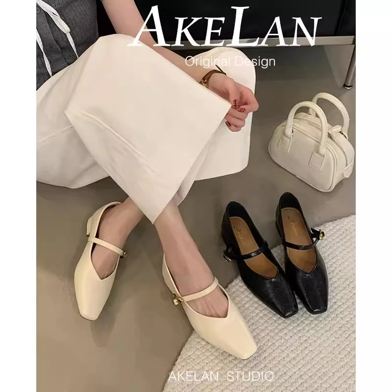 羊皮版~法式玛丽珍鞋女2025春秋新款一字带V口单鞋粗跟方头小皮鞋