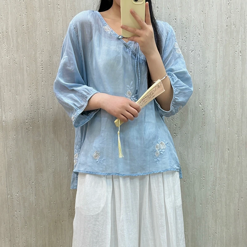 夏季100%苎麻刺绣夏装斜襟七分袖衬衫7081