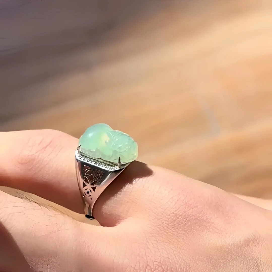 天然缅甸A货晴水貔貅银镶嵌时尚男女款