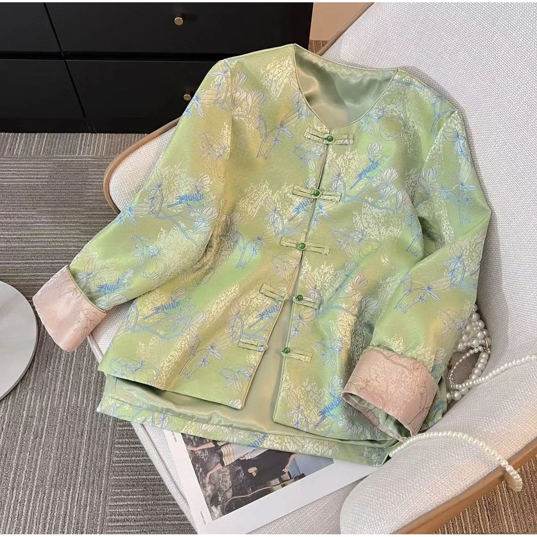 D14唐装改良款潮缎面上衣大码开衫春季年轻版新国风中式宋锦外套
