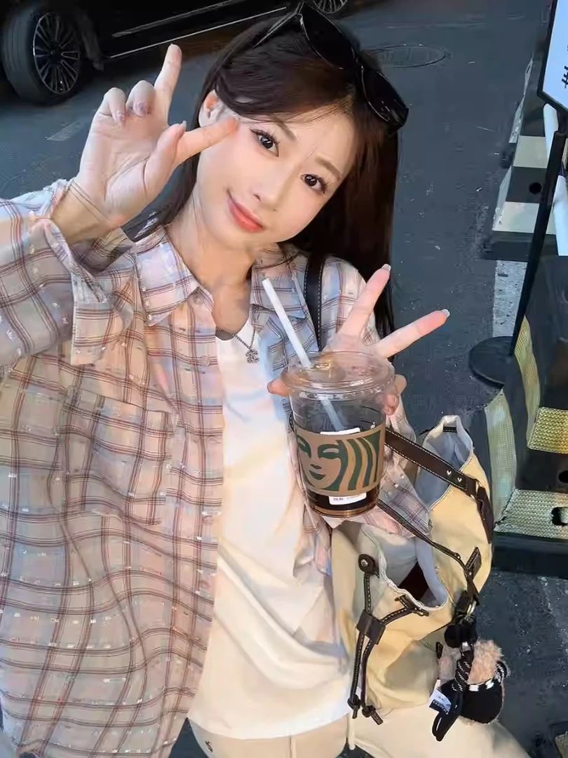 韩版休闲粉格衬衫女2025春夏新款设计感小众百搭翻领长袖上衣外穿