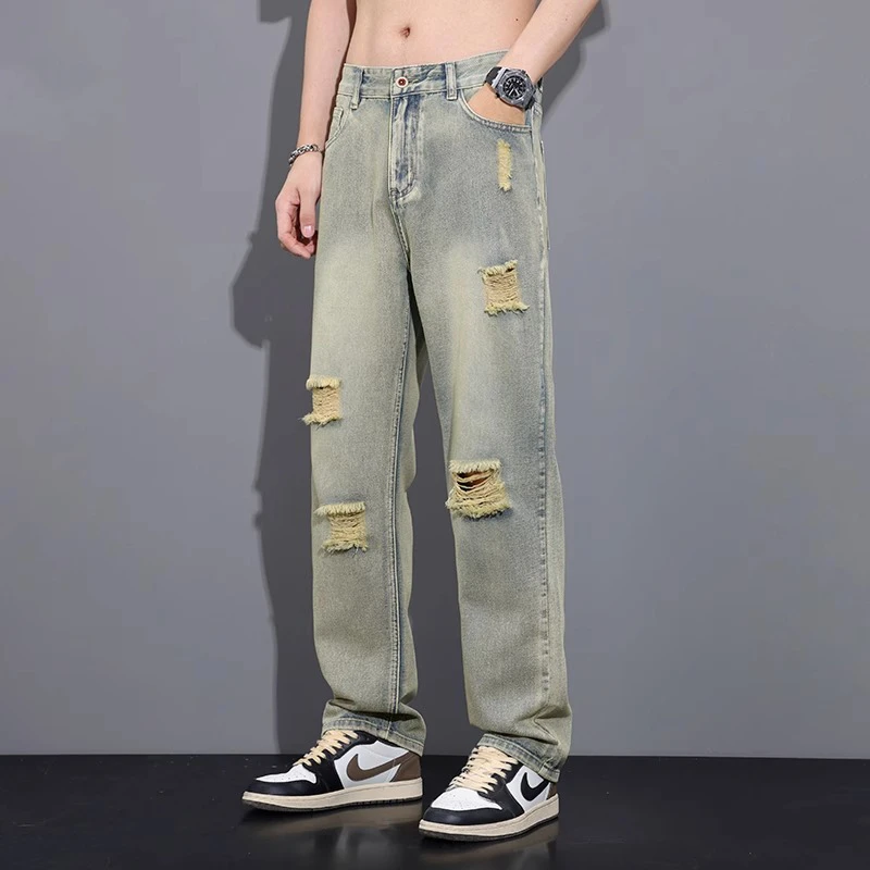 法国Cebrodz春秋季黄泥破铜牛仔长裤男士休闲直筒男裤子宽松男装