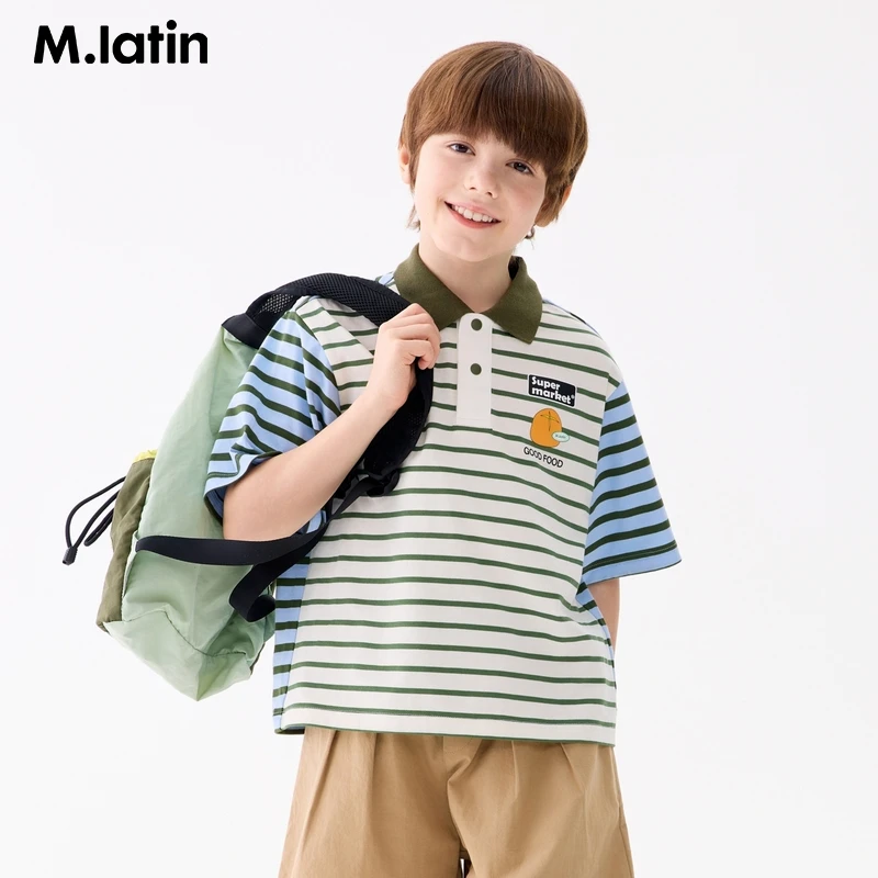 马拉丁儿童上衣25夏新款男大童文艺学院条纹polo领短袖T恤