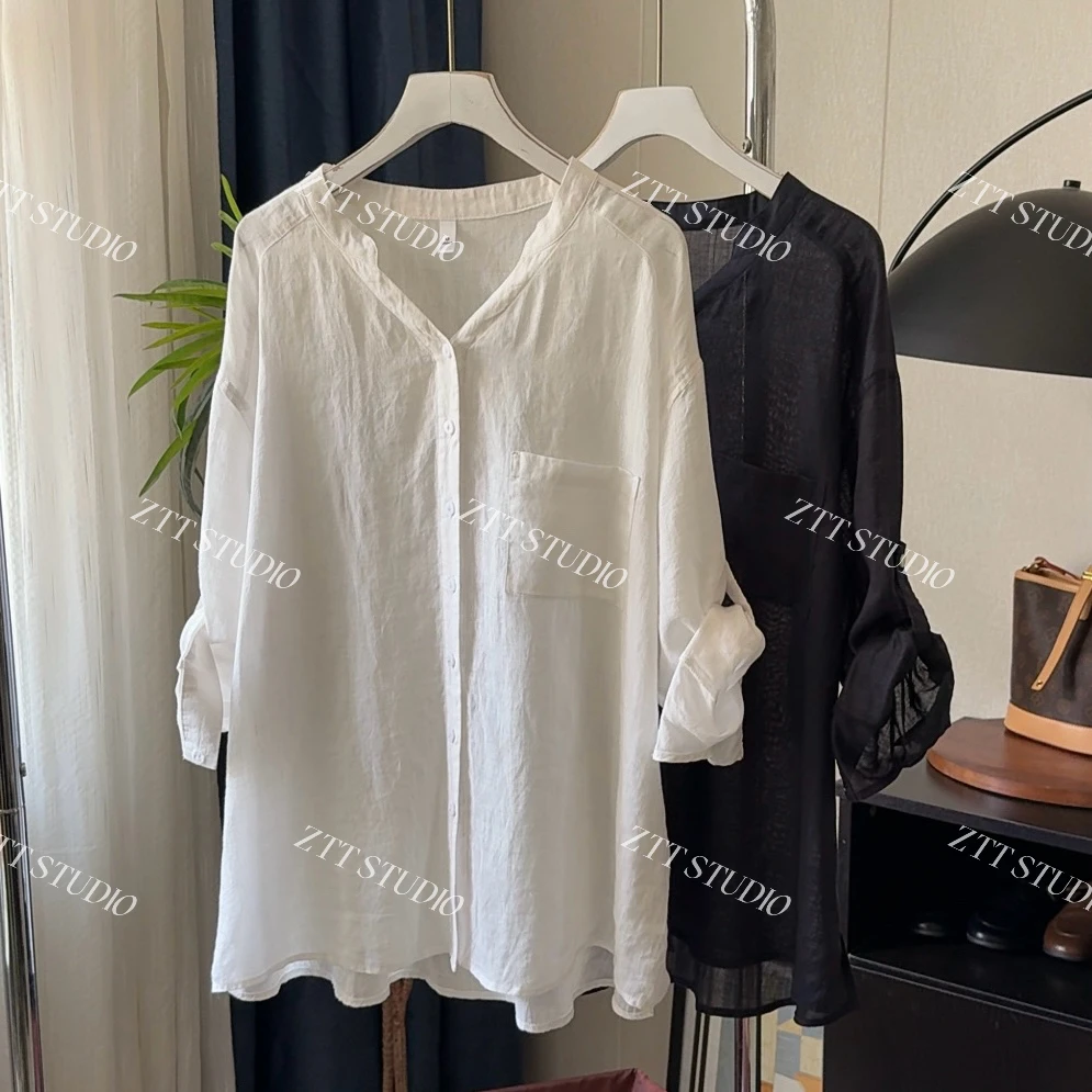 【ZTT】100%苎麻42支V领薄款女士夏季防晒衬衫女七分袖纯色防晒衣