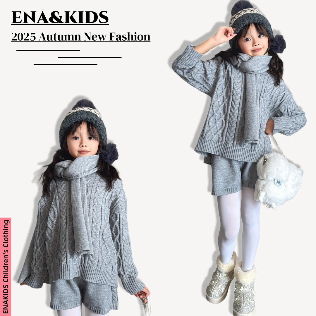 ENA恩娜kids【雾岛巴黎】女童韩系围巾毛衣高腰短裤针织三件套
