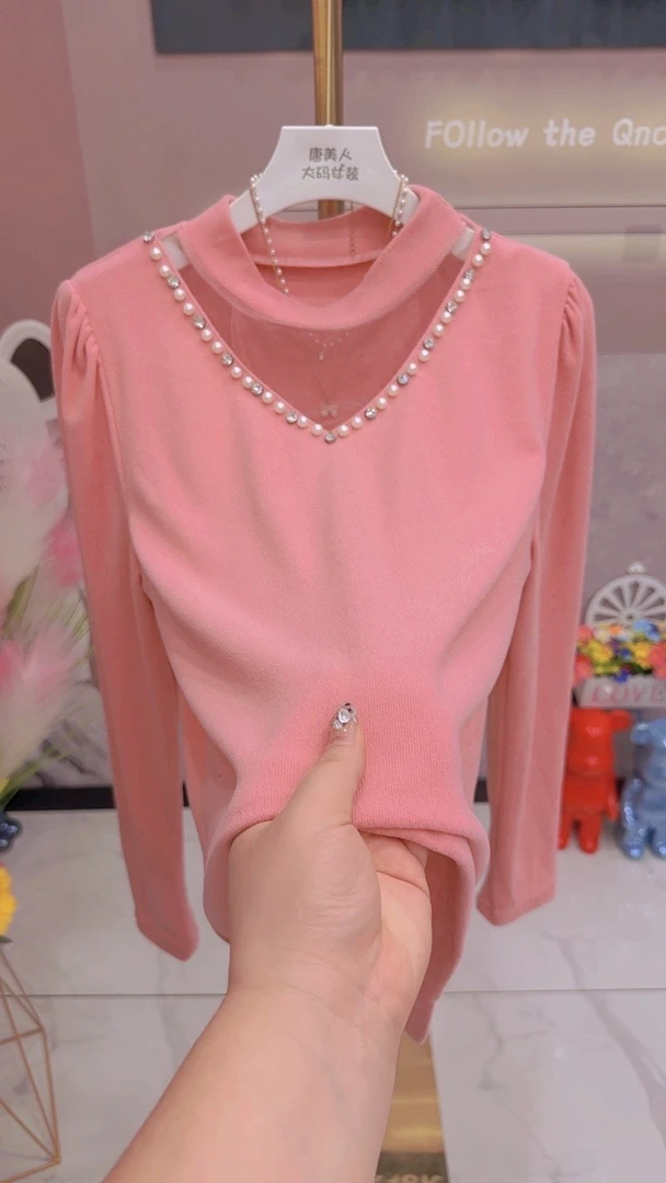 冬季新款2313双面磨毛绒重工网纱钉钻大码上衣百搭时尚款