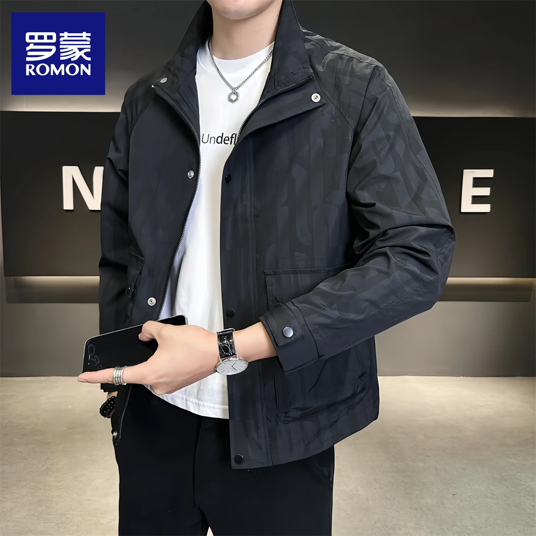 Romon/罗蒙夹克男士秋季潮流工装运动翻领上衣撞色韩版休闲外套男