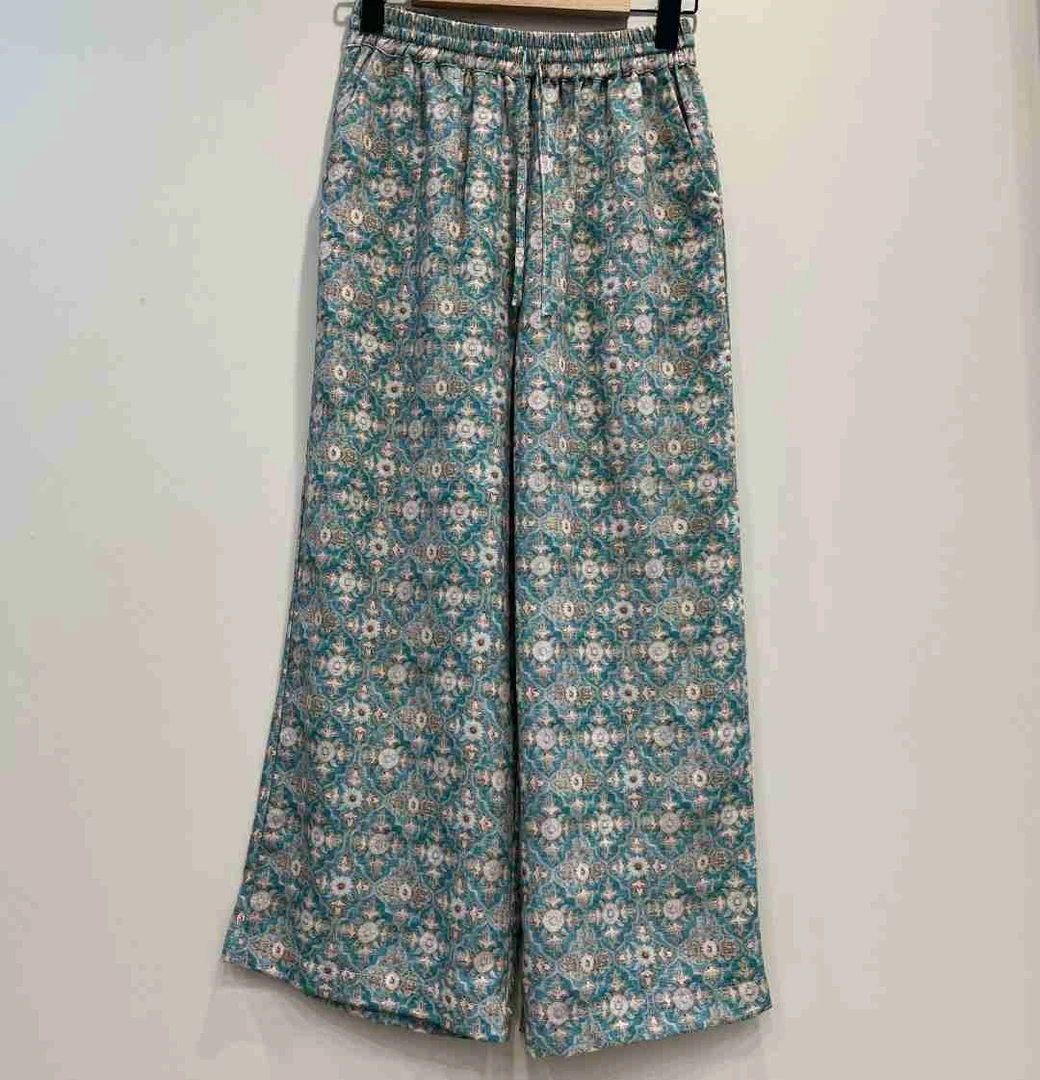 【V姐】时尚印花松紧腰带抽绳休闲度假风亚麻长裤