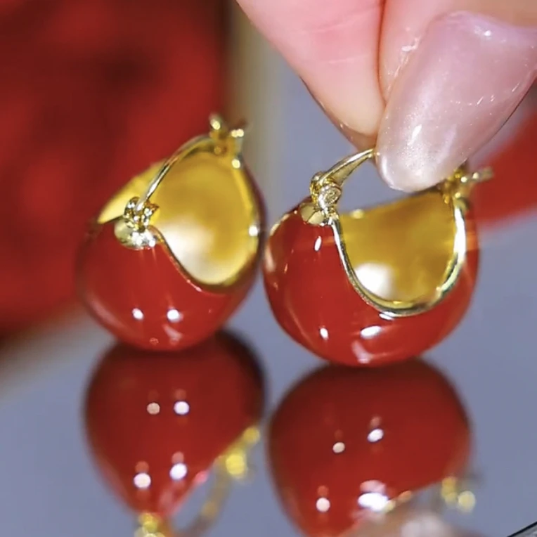 925银合成锆石耳饰 高级轻奢红色耳环气质复古耳扣2025新款耳饰女