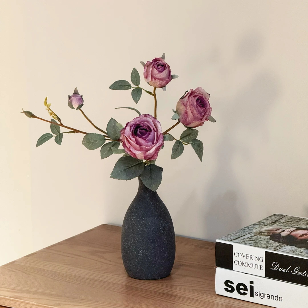 高仿真复古焦边玫瑰花样年华仿真花束高档软装客厅插花摆设装饰