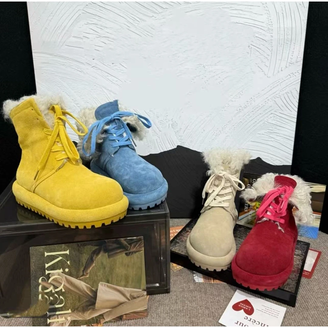 【红】2025冬季新款两穿磨砂厚底内增高羊卷毛加绒保暖雪地靴女短靴