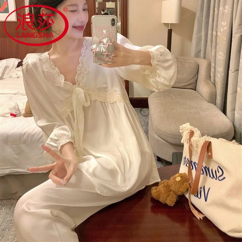 浪莎冰丝睡衣女春秋季韩版公主风甜美蕾丝V领长袖长裤家居服两件