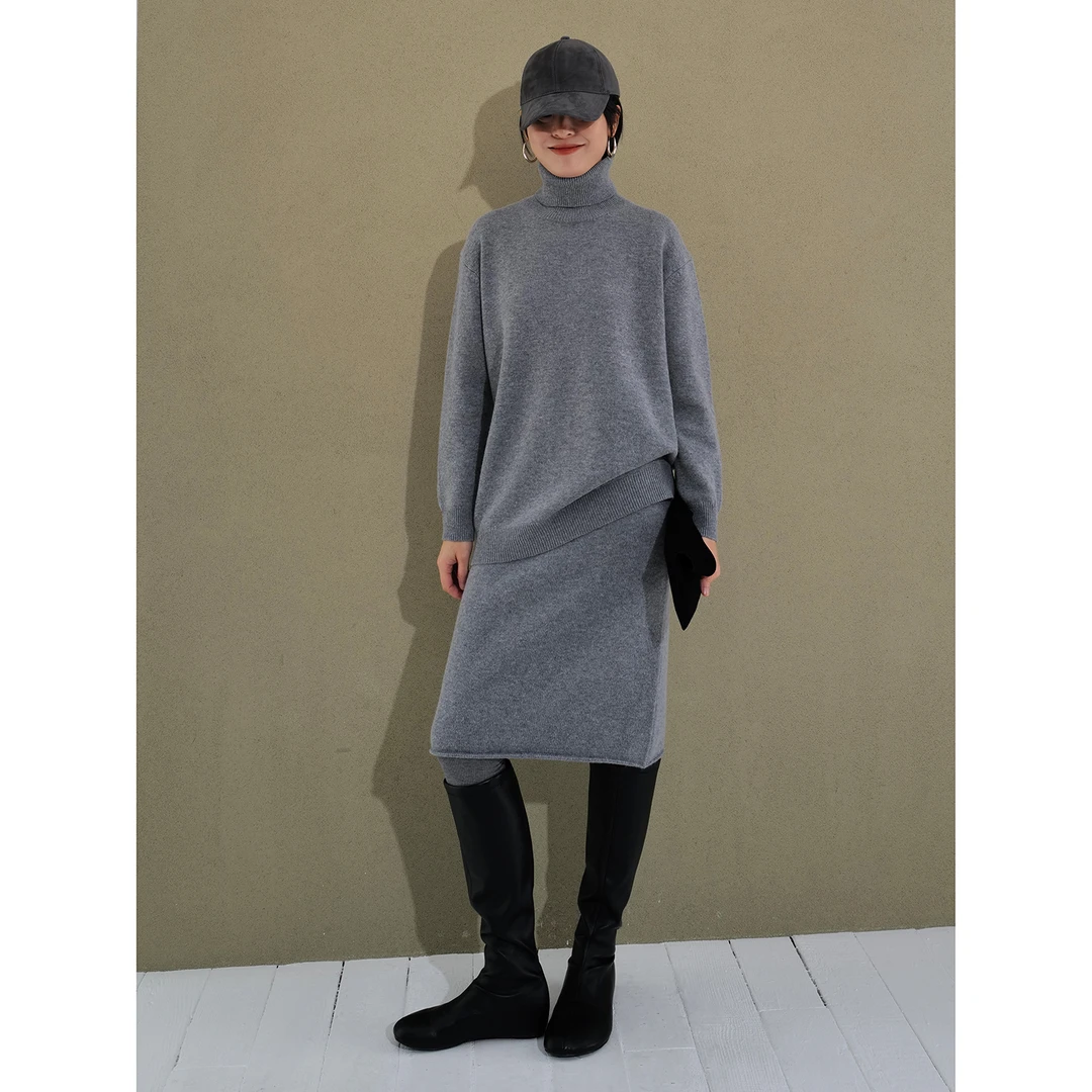 巴素兰极细美丽诺羊毛 深灰色女款高领针织衫205404+半身裙207200