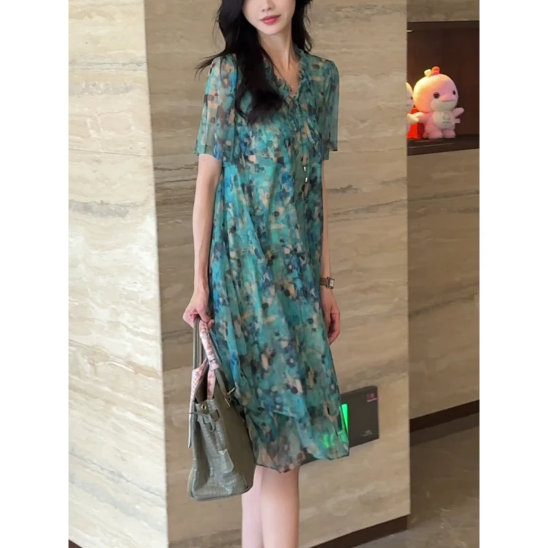 3226#洋气高贵连衣裙女夏季新款欧货名媛气质修身显瘦碎花长裙子