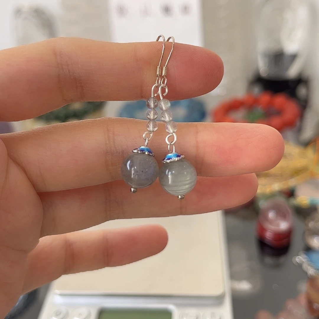 拉长石耳饰银S925镶嵌矿坑