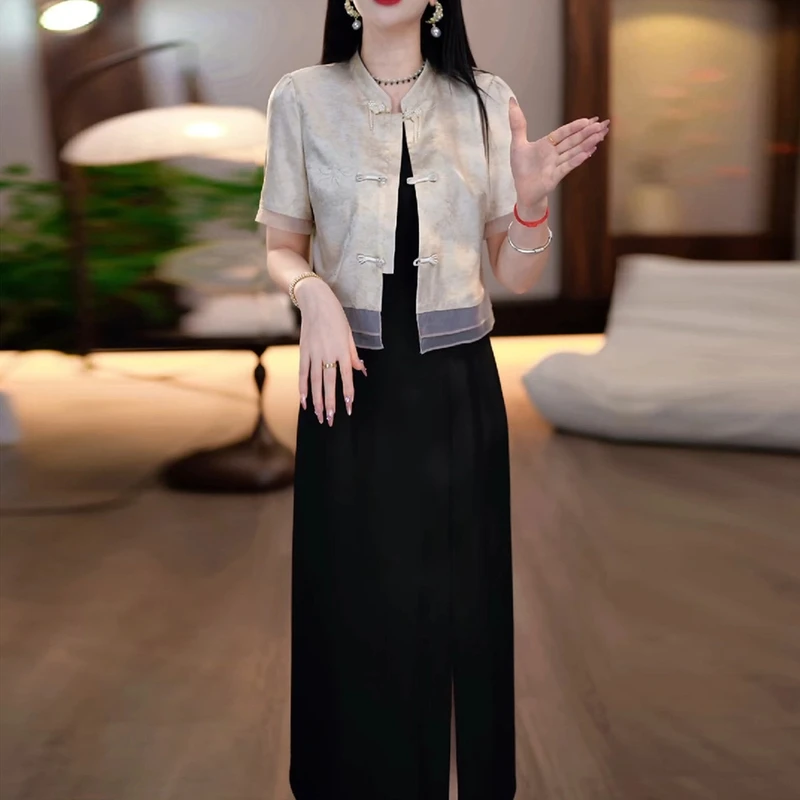 2025夏季中式盘扣杏色缎面拼纱短袖小衫背心连衣裙两件套