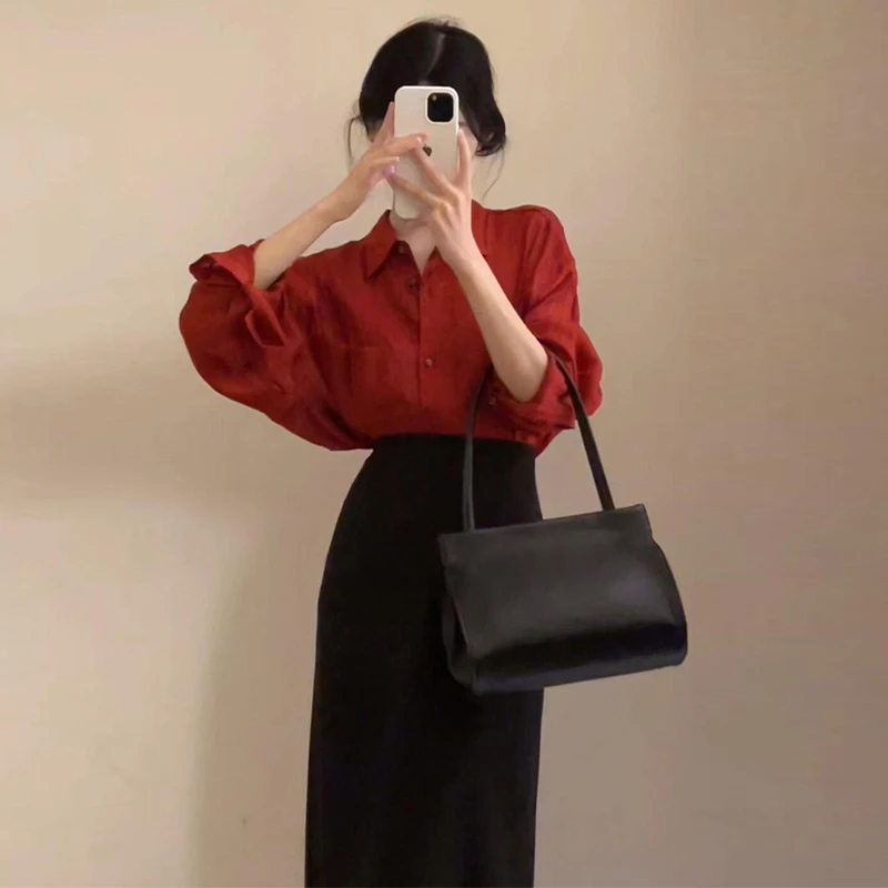 1603娃娃领拉链慵懒风中袖低腰连衣裙夏季职业显瘦红色复古女装