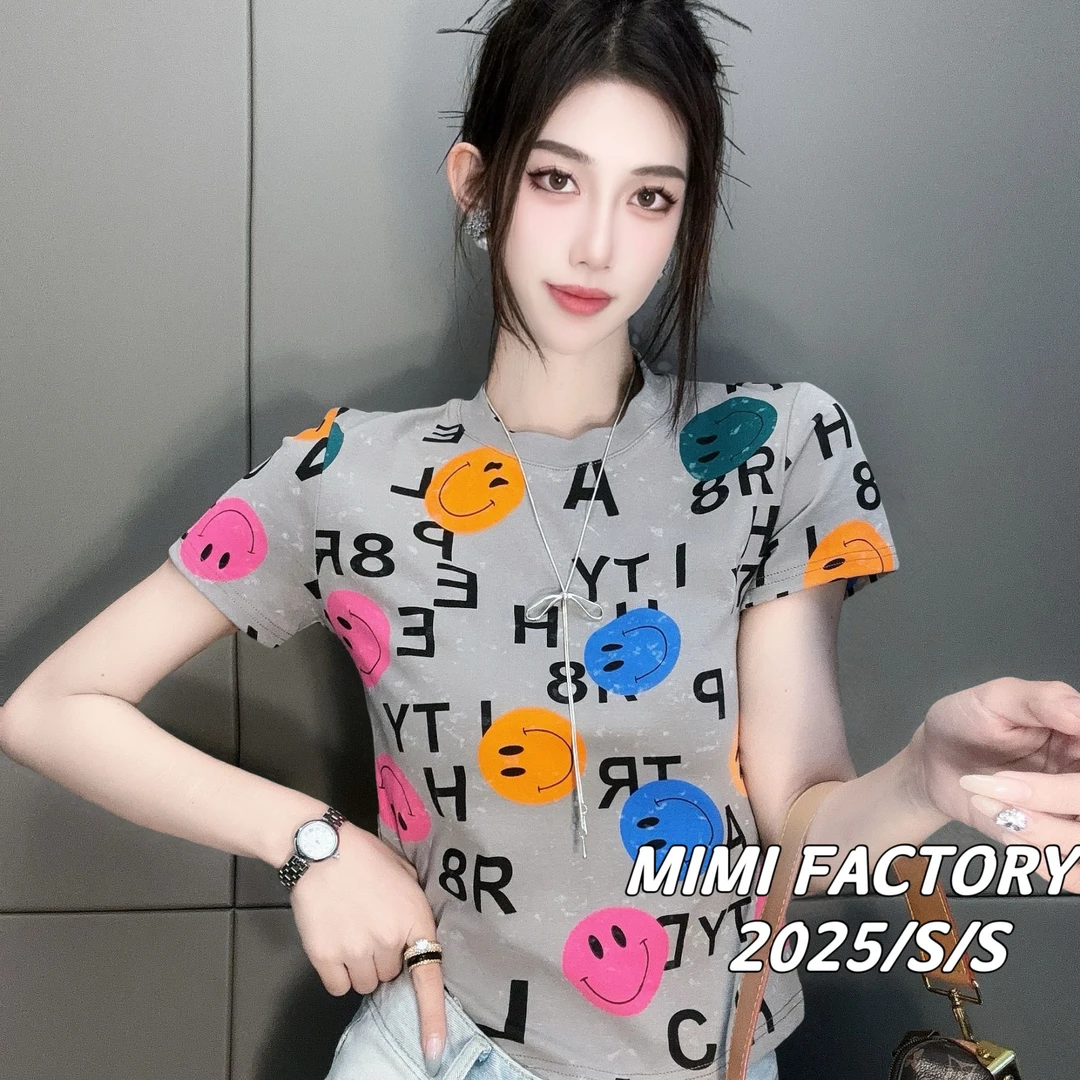 2025夏季新款 满印可爱笑脸短袖T恤女修身显瘦时尚百搭4350#