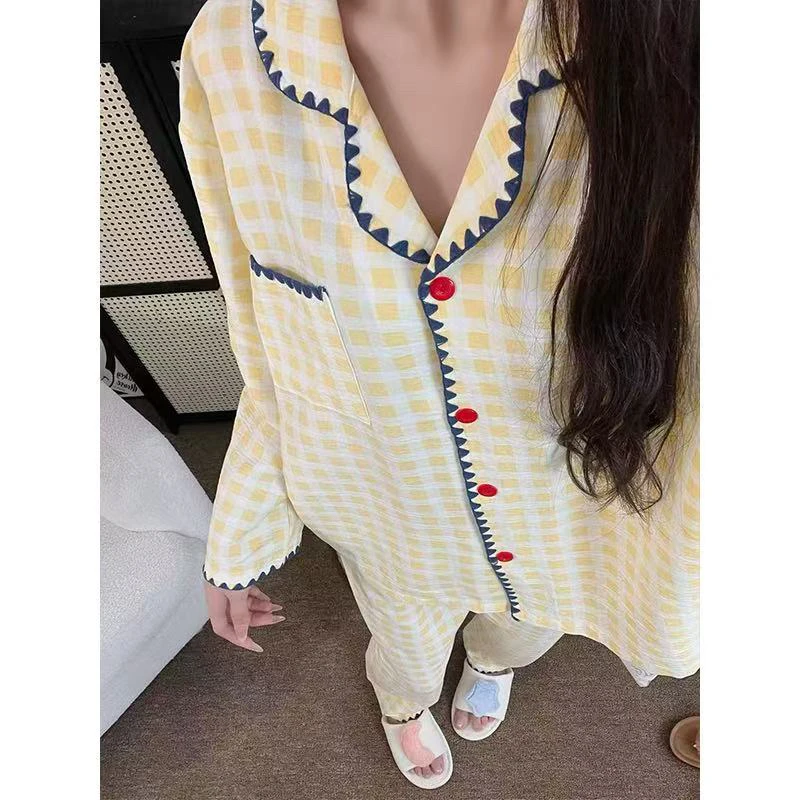 2025睡衣女秋季新款长袖长裤套装撞色黄色格子宽松可外穿家居服