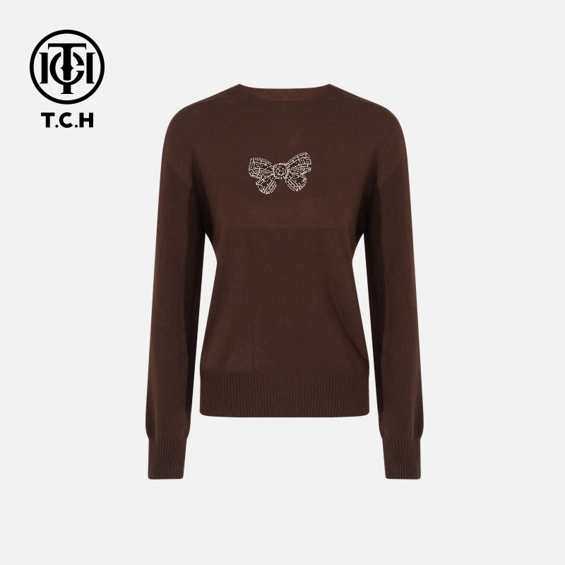 TCH私服秋冬网红感烫钻时尚淑女咖色针织衫T75C09E5156X轻奢tch