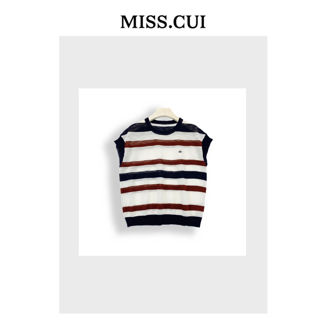 MISS.CUI 极简风穿搭 撞色条纹刺绣百搭圆领套头无袖针织衫66086