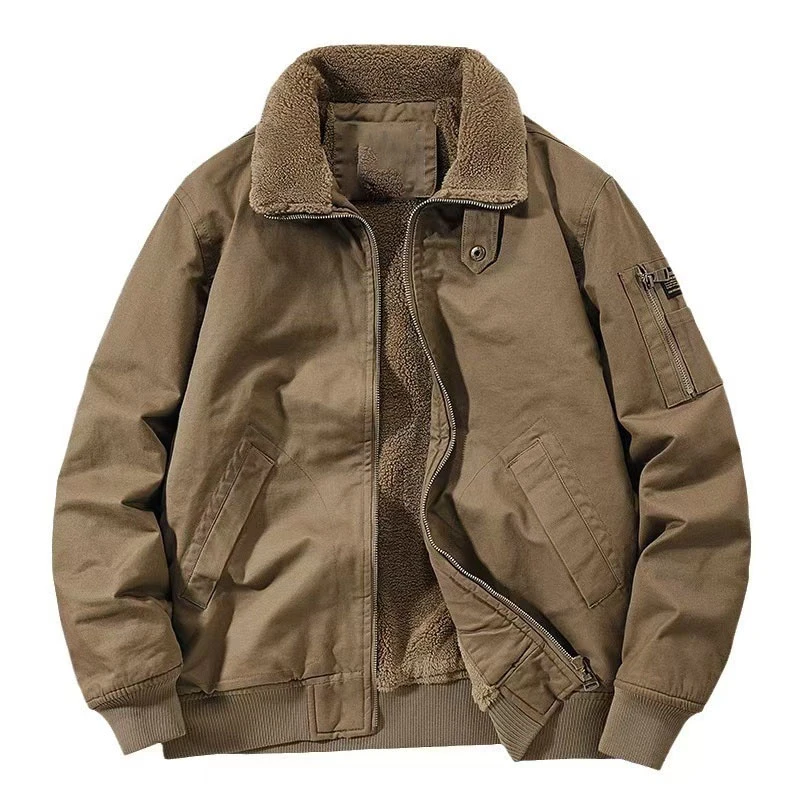 HAWKDK加厚复古羊羔绒宽松休闲简约风棉衣翻领夹克男螺纹下摆美式