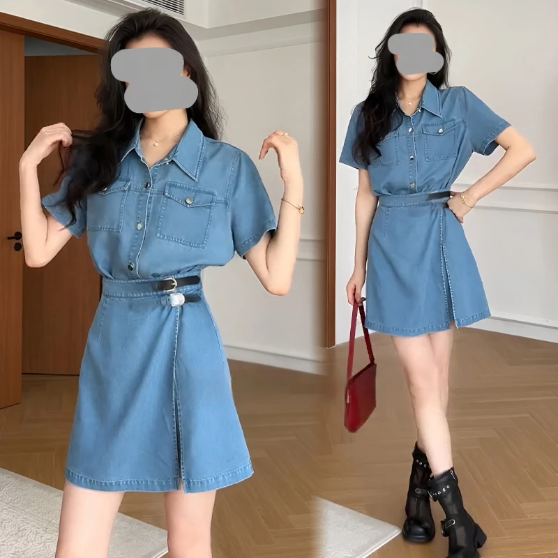 港风复古假两件polo领牛仔蓝连衣裙2025夏季不规则收腰显瘦a字裙
