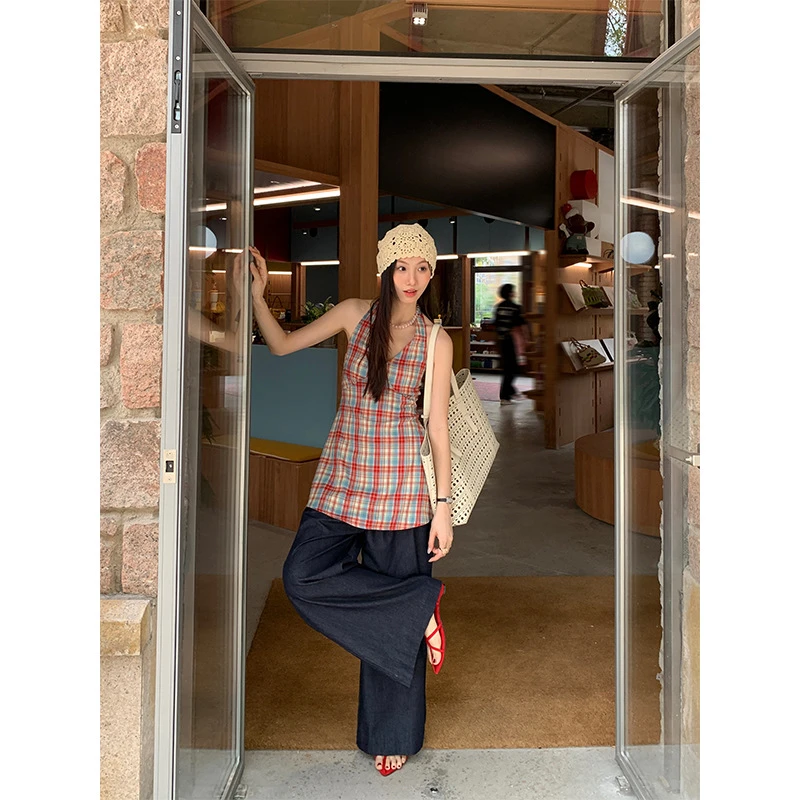 气质减龄撞色格纹无袖挂脖上衣系带背心女A1096