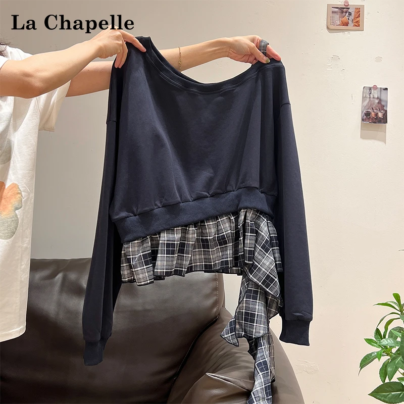 拉夏贝尔ins藏蓝色甜辣妹斜肩设计感长袖T恤女秋新款慵懒撞色上衣
