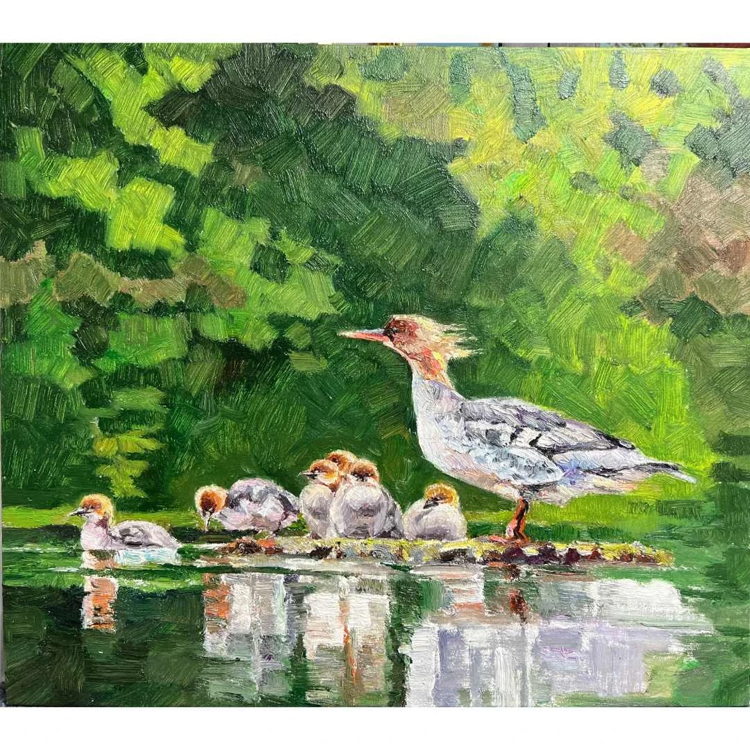8018吴民本《秋沙鸭》原创手绘油画风景作品55*62cm客厅书房儿童房