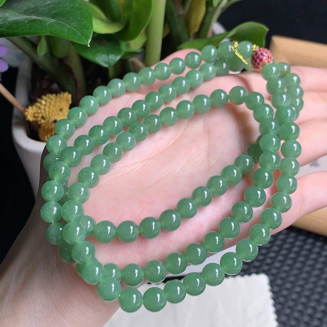 缅甸天然A货翡翠，冰种晴水绿珠子项链，7mm1207