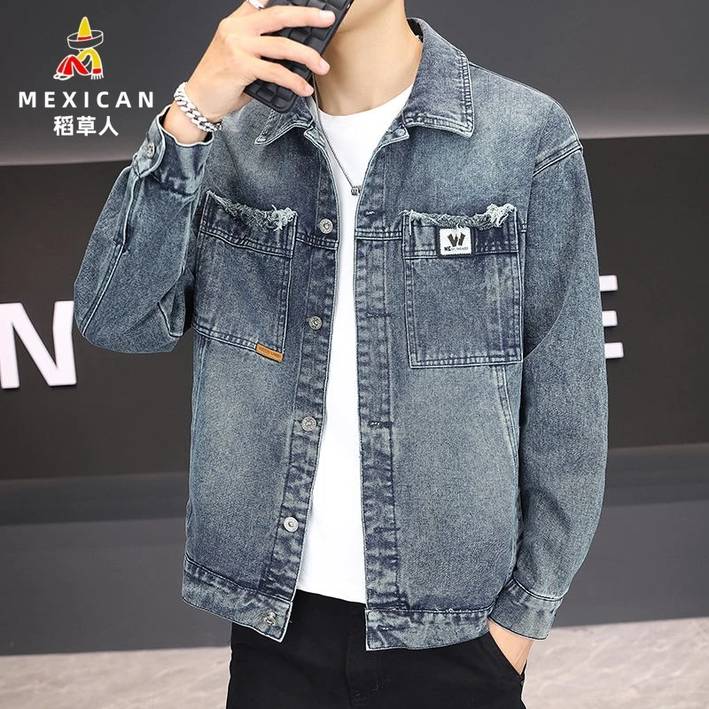 稻草人时尚百搭牛仔衬衫长袖春秋夹克宽松工装外套青年潮流帅气休