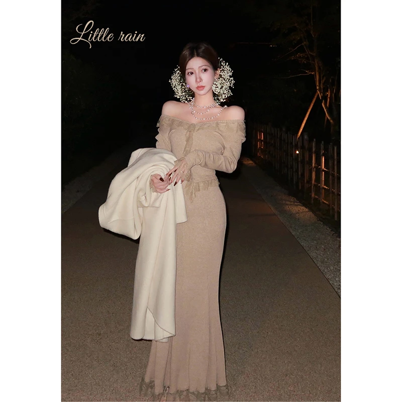 小雨姐姐【海莉猎手】蕾丝荷叶边收腰针织上衣 鱼尾裙女两件套装女