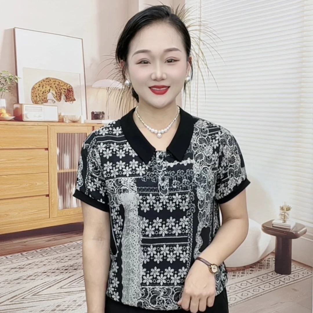 妈妈装流行翻领欧若拉时尚潮牌中老年女装宽松女士独特漂亮小衫